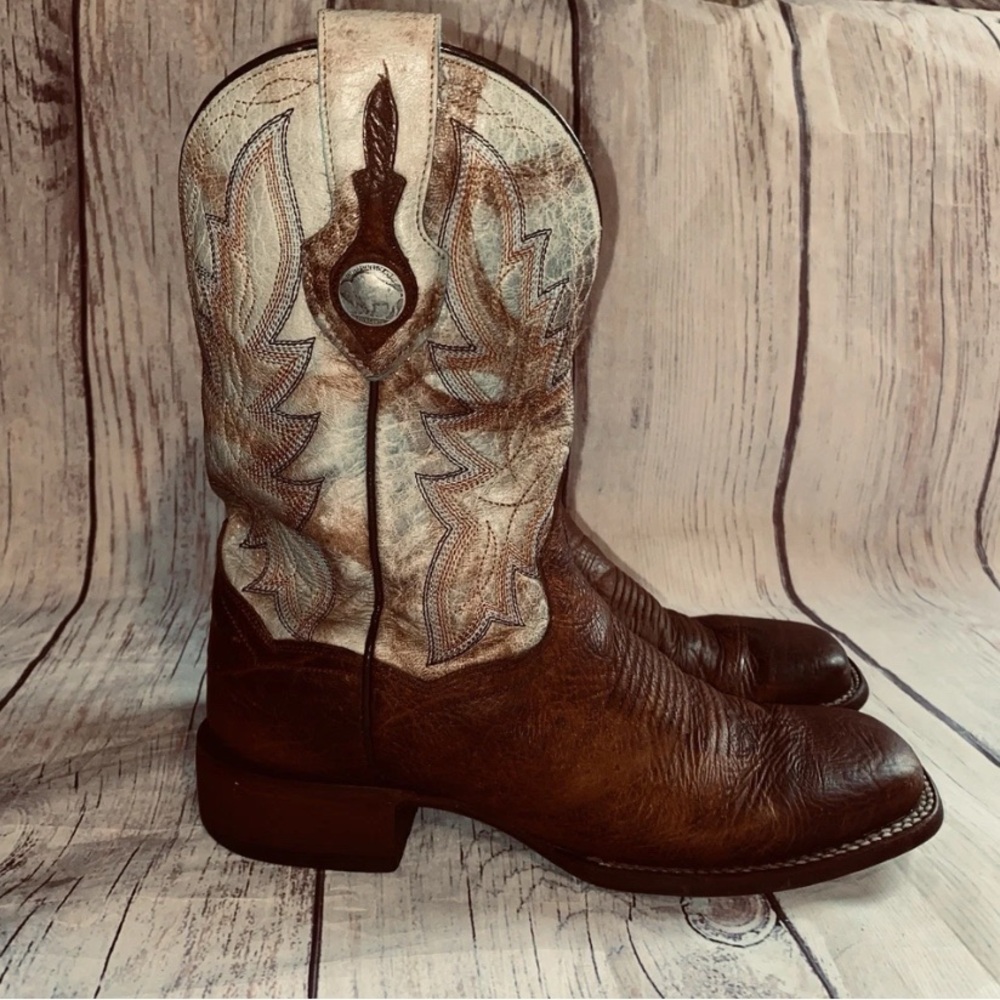 Dan Post Badlands Mens Boots Brown Leather Blue Distressed Sz 8 Buffalo Nickel